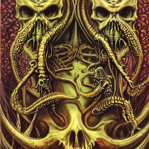 Image similar to cthulhu death's gate of hell, highly detailed, skeletons, steles, lava, swords, intricate art of boris vallejo and ernst haeckel, neo - gothic, gothic