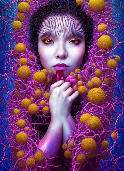 Image similar to hyper detailed 3d render like a Oil painting - kawaii portrait Aurora (ancient black haired Fae acrobat) seen Eating of the Strangling network of yellowcake aerochrome and milky Fruit and Her delicate Hands hold of gossamer polyp blossoms bring iridescent fungal flowers whose spores black the foolish stars by Jacek Yerka, Mariusz Lewandowski, Houdini algorithmic generative render, Abstract brush strokes, Masterpiece, Edward Hopper and James Gilleard, Zdzislaw Beksinski, Mark Ryden, Wolfgang Lettl, hints of Yayoi Kasuma, octane render, 8k