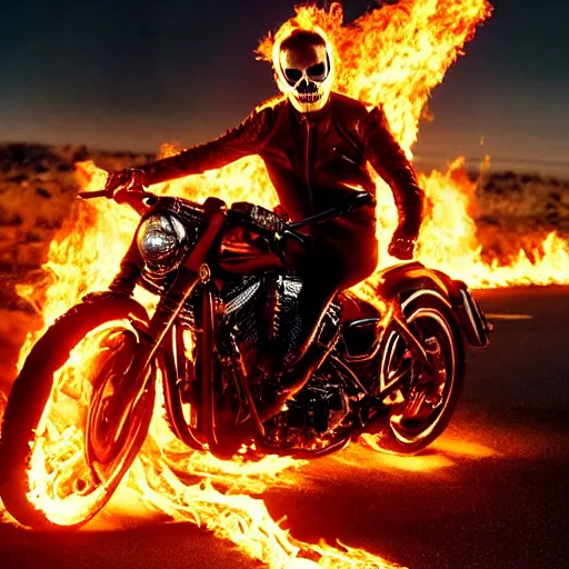 Prompt: An epic movie poster for Ghost Rider starring Ryan Gosling as Ghost Rider on a motorcycle with flames and chains on a desert road fire balls. Sharp. HD. 4K. 8K