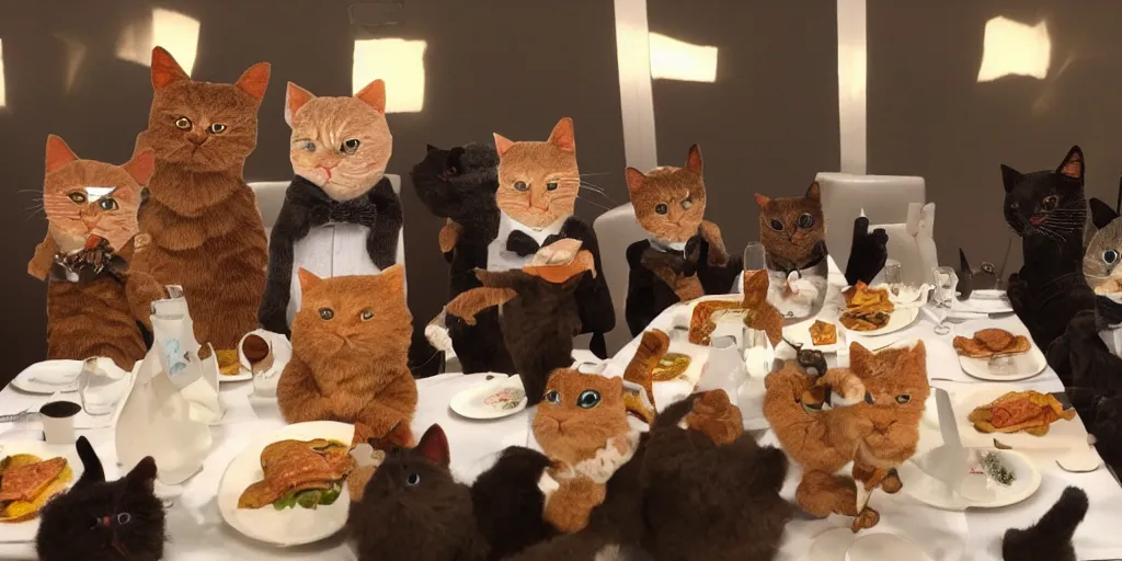 Prompt: claymation cats dressed fancy eating a delicious meal wiith the company of good friends
