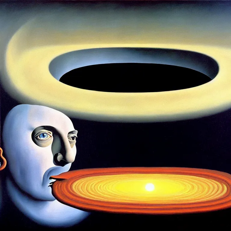 Prompt: a man looks into his own painting and sees a black hole, by rene magritte and salvador dali, surreal, oil on canvas, hyper detailed