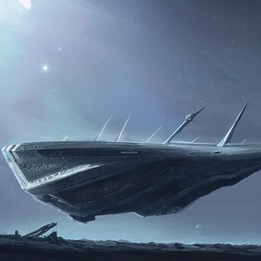 Prompt: concept art of a large space vessel in the shape of an spear by paul chadeisson