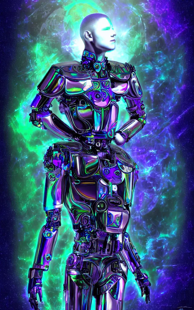 Prompt: iridescent cyborg prince of the machine god, lunar mythos future perfect, award winning digital art