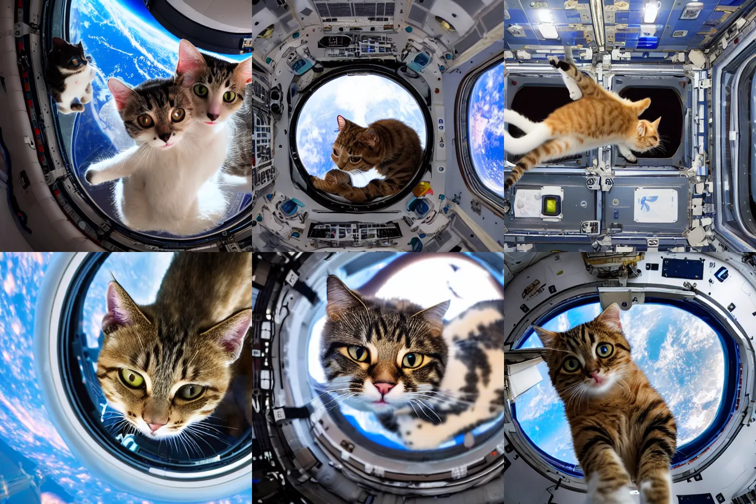 Image similar to Photo of cats floating inside the International Space Station, highly-detailed 4K award-winning