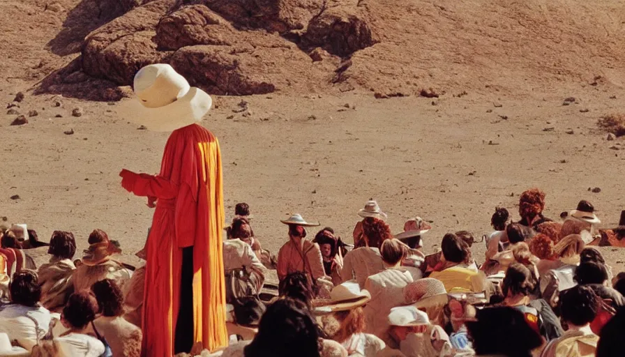 Image similar to movie still by alejandro jodorowsky of a theater company playing in the desert with a big stage, cinestill 8 0 0 t eastmancolor technicolor, high quality, very detailed, heavy grain, fine facial features, 8 k, octane render