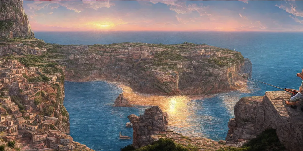 Image similar to looking out a house window on a cliff, fishing supplies on shelf near window, wide angle, sunset, a mediterranean phoenician fishing village below, over a chalk cliff, highly detailed, digital painting, artstation, concept art, sharp focus, illustration, art by artgerm and greg rutkowski and raphael lacoste and magali villeneuve