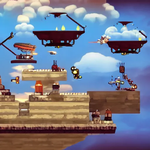 Prompt: Screenshot of Cloudjumper, an indy steampunk game with cute flying ships