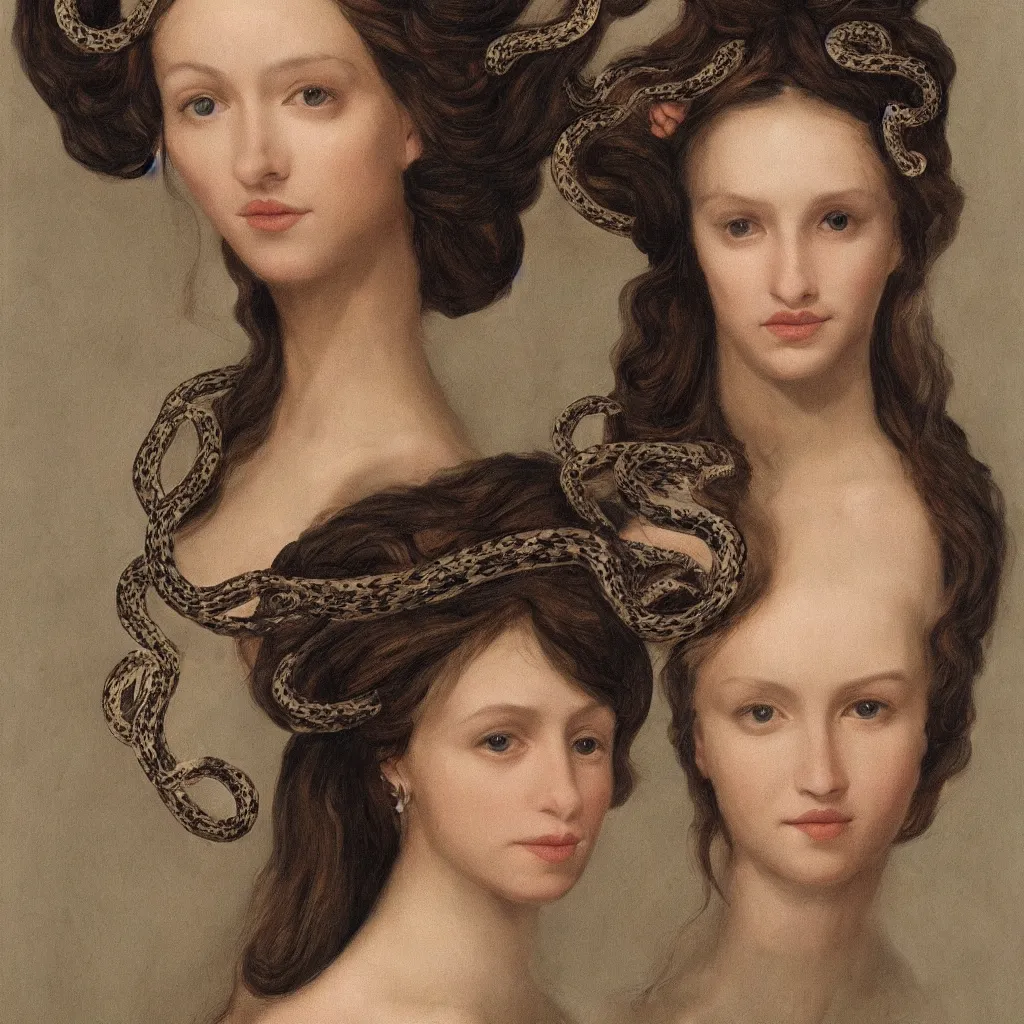 Prompt: Symmetrical portrait of a beautiful woman with snakes in her hair