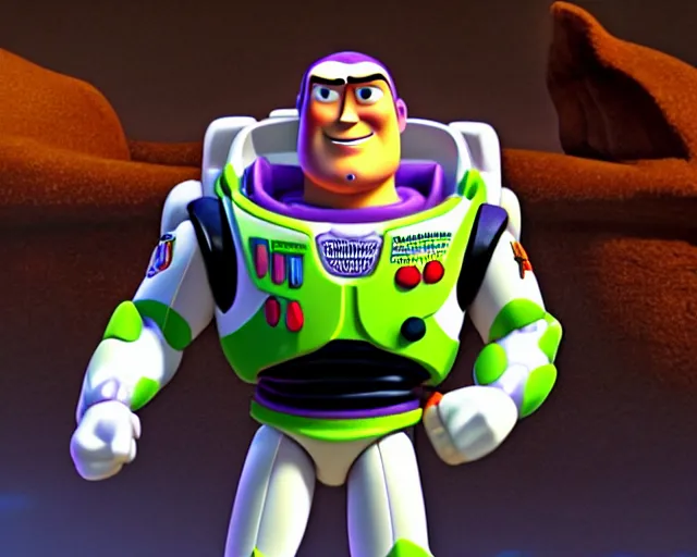 Image similar to Film still close-up shot of Dwayne Johnson as Buzz Lightyear in the movie Toy Story 3. Photographic, photography