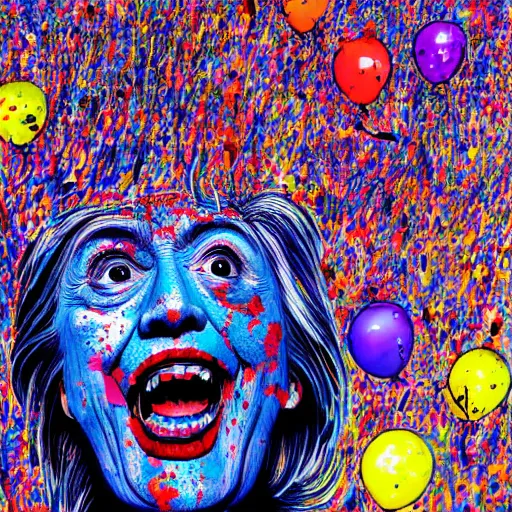 Prompt: Hillary Clinton with a lizard face looking at brightly colored balloons, Ralph steadman, psychedelic, surreal, ink splatter, detailed, 4k