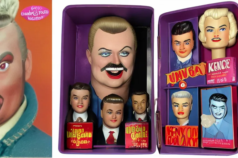 Prompt: John Wayne Gacy ken doll, barbie box art, top seller