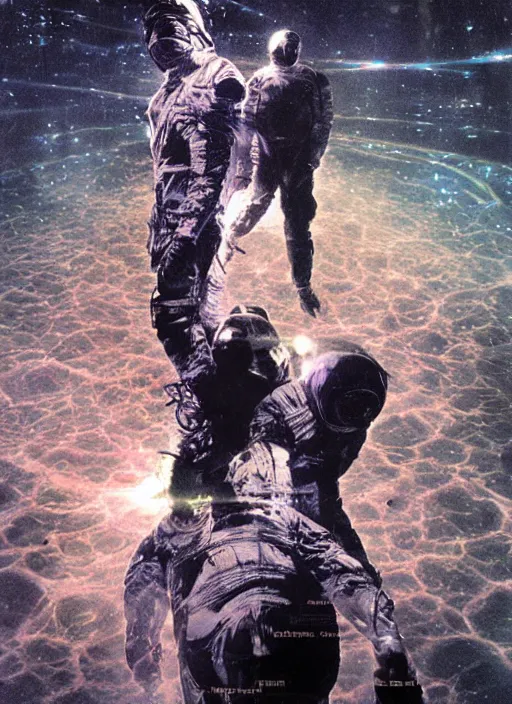 Image similar to astronauts in dark and empty void underwater - complex and hyperdetailed technical suit. reflection and dispersion materials. rays and dispersion of light. volumetric light. 5 0 mm, f / 3 2. noise film photo. flash photography. ultra realistic, wide angle. poster by wayne barlowe, hajime sorayama aaron horkey, craig mullins