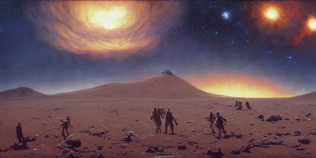 Image similar to supernova, planet with icy volcano on ground surface, people stranding, wandering endesslym desert, extraterrestial sky, stars, painted by steve mccurry, ruan jia, raymond swanland, lawrence alma tadema, zdzislaw beksinski, norman rockwell, jack kirby, tom lovell, alex malveda, greg staples