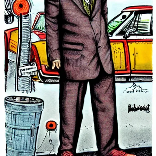 Prompt: The Artwork of R. Crumb and his Cheap Suit Breaking-Bad-Walter-White, pencil and colored marker artwork, trailer-trash lifestyle