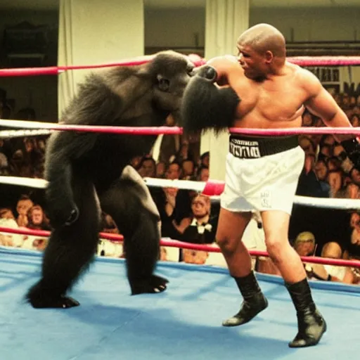 Prompt: mike tyson fighting a gorilla in a boxing ring