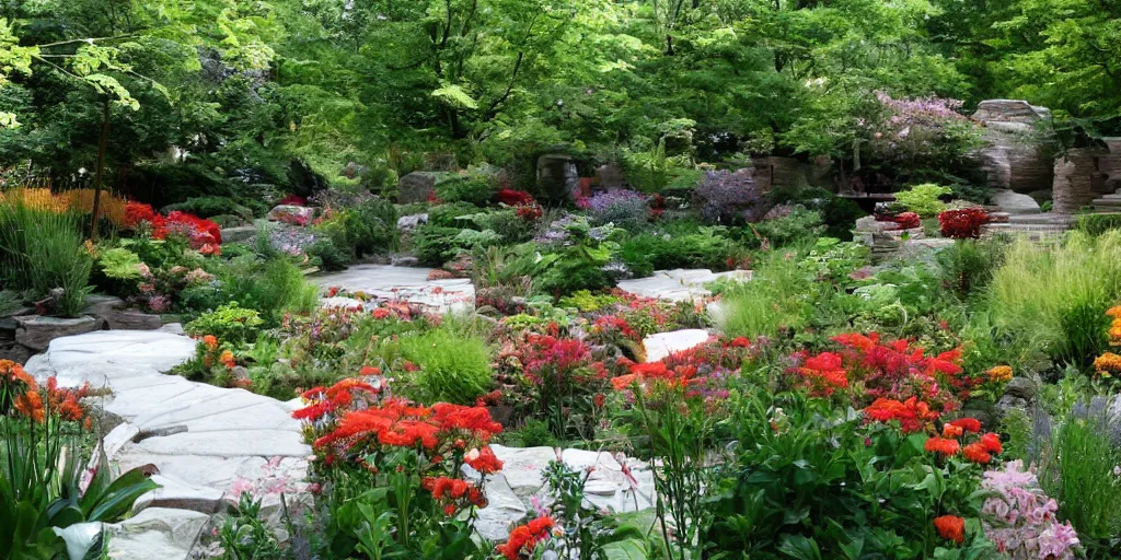 Image similar to small award winning patio designed by frank lloyd wright, with award winning stone work, lots of plants and flowers, on a sunny day, photo