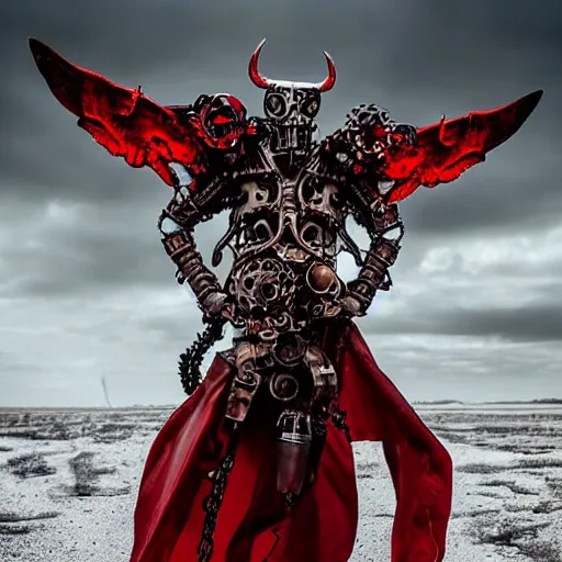 Image similar to mechanical steampunk cyborg devil red skin satan horns with white! angel wings flames and fire photography by david yarrow concept art greg rutkowski