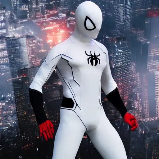 Image similar to white spider - man suit with black web lining, cinematic, volumetric lighting, realistic, hyperdetailed, photorealistic, photograph