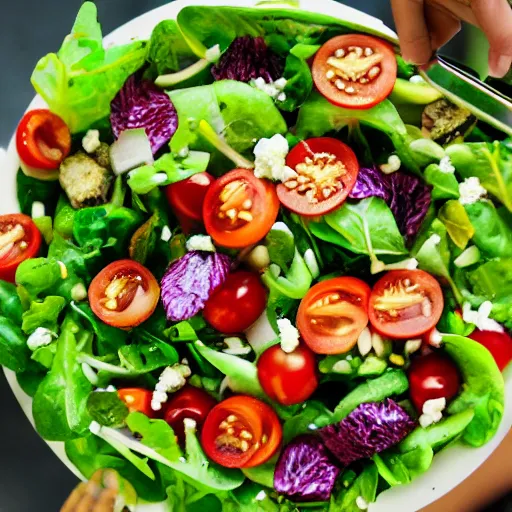 Prompt: first person point of view from my eyes, cutting a salad