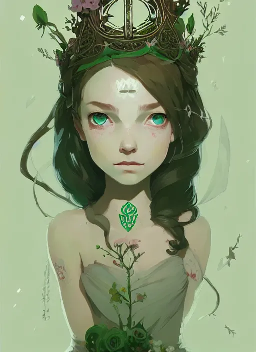 Image similar to portrait of cute fairy girl with crown of flowers covered with celtic rune tattoos, fantasy, by atey ghailan, by greg rutkowski, by greg tocchini, by james gilleard, by joe gb fenton, by kaethe butcher, dynamic lighting, gradient light green, brown, blonde cream and white color in scheme, grunge aesthetic