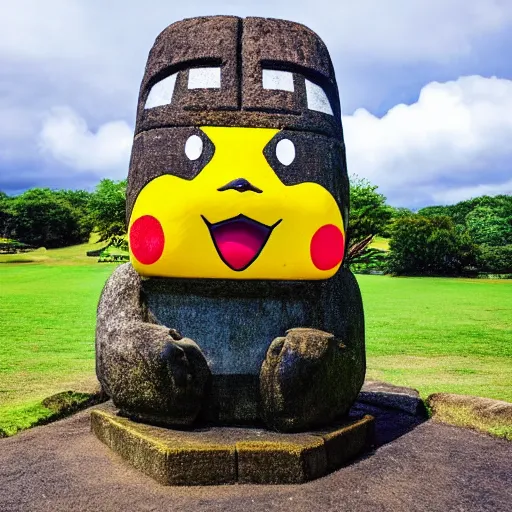 Prompt: pikachu as a moai statue, travel photo