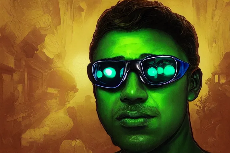 Image similar to Extremely funny portrait of a glowing translucent body glowing male police officer wearing cool shades. Green fluorescent aura around the officer, wide angle, magic, green fire, darkness, dramatic lighting, Africa, intricate, wild, highly detailed, digital painting, artstation, concept art, smooth, sharp focus, illustration, art by artgerm and greg rutkowski and alphonse mucha, footage from space camera