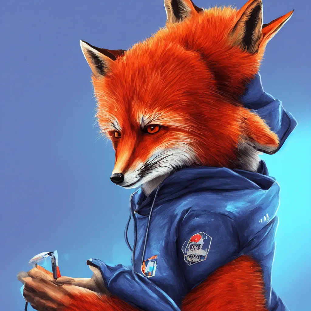 Image similar to a close-up profile shot of a red fox in a blue hoodie on the white background holding a notebook in one paw and typing with another paw, a hacker group badge on the hoodie sleeve, stroke painting, cyberpunk style, digital art picture, highly detailed, artstation