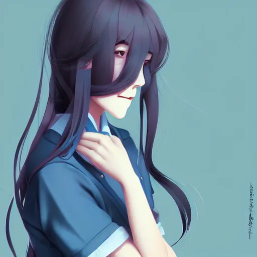 Image similar to urban school girl in shirt fanart, dark blue long hair, muted colors, matte print, pastel colors, ornate, digital art, cute smile, digital painting, fan art, elegant, pixiv, by Ilya Kuvshinov, by Studio Ghibli