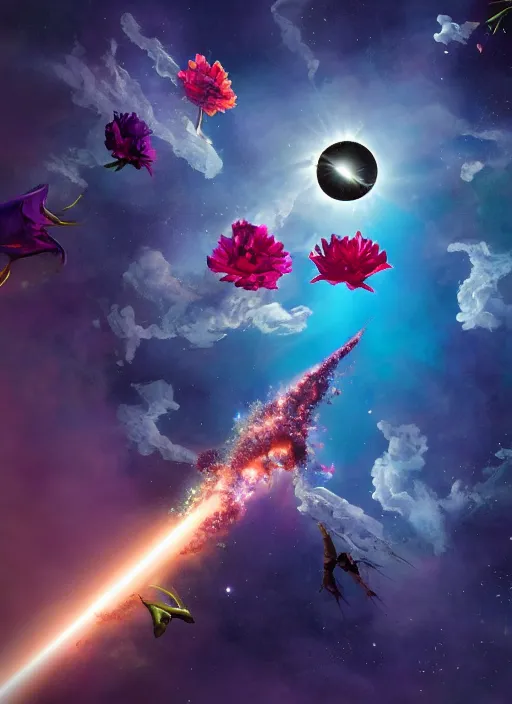 Image similar to An epic fantastic realism comic book style painting of the most beautiful flowers launched into space, bouquets, solar eclipse, fisheye, unreal 5, DAZ, hyperrealistic, octane render, dynamic lighting