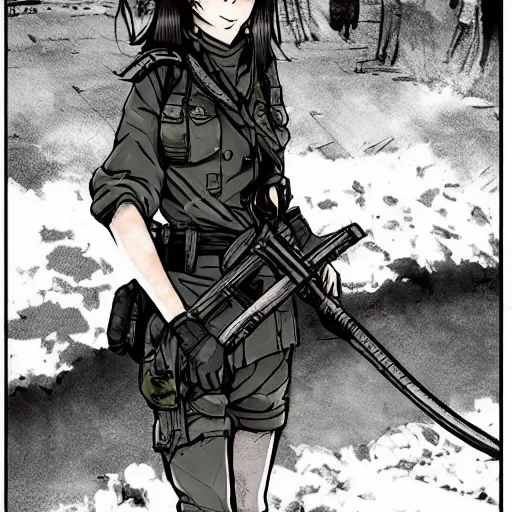 Prompt: manga style, black inking, modern warfare, portrait of a girl under artillery fire, trench sandbags in background, soldier clothing, long hair, hair down, symmetrical facial features, comic page, trending pixiv, black shadow patterns, by akihito yoshitomi, cushart kenz