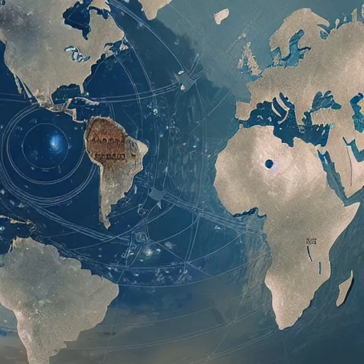 Prompt: science fiction world map of a world with three continents, dismantled geography, cities and landscapes, intricate, highly detailed, digital painting by greg rutkowski, artstation