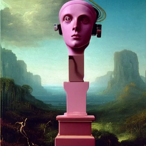 Prompt: David Friedrich, award winning masterpiece with incredible details, a surreal vaporwave vaporwave vaporwave vaporwave vaporwave painting by Thomas Cole of an old pink mannequin head wearing VR goggles with cables and wires coming out of it's neck, highly detailed