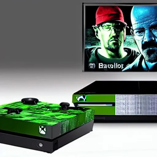 Image similar to “A press photo of a Breaking Bad themed Xbox One video game console”