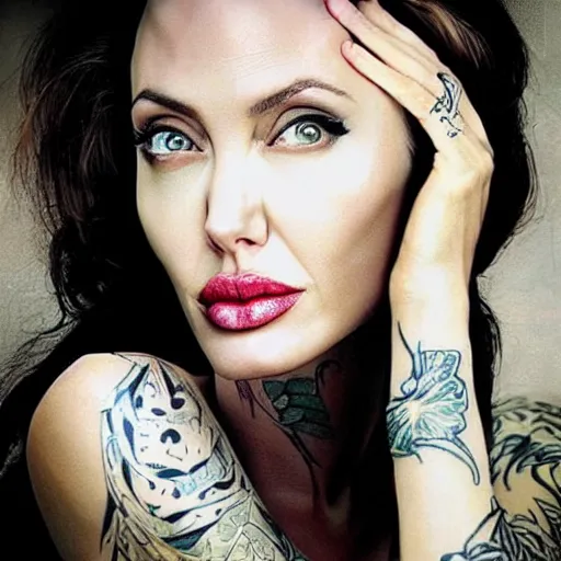 Image similar to “Angelina Jolie portrait, whole body in flower tattoo”