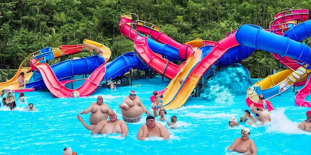 Prompt: huge fat people in a waterpark