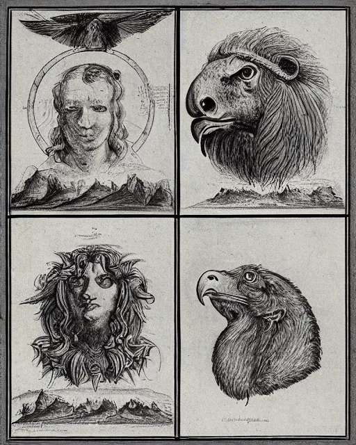 Prompt: four faces on different sides of one creature, eagle, lion, ox, human, drawn by da vinci