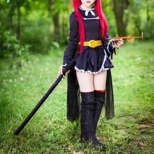 Image similar to young witch with magic wand and broom cosplay, she wears boots, full body, photo taken by nikon, 4k, high quality, very detailed, intricant