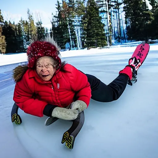 Image similar to sports illustrated photo, an elderly woman sliding down an incredibly long ice luge on her back at incredibly high speeds