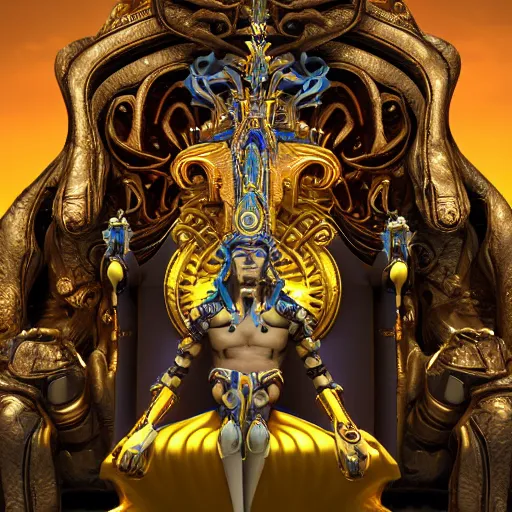 Prompt: the king of an alien race sits on a futuristic looking throne, the appearance of the king was inspired by the looks of god vishnu, the king also wears some beautiful jewlery, unreal engine 5 digital art