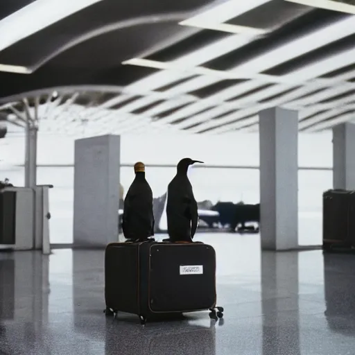 Prompt: medium format portrait of two penguins in an airport baggage claim area, ektachrome, hasselblad film shallow focus portrait, soft light photographed on expired color film,