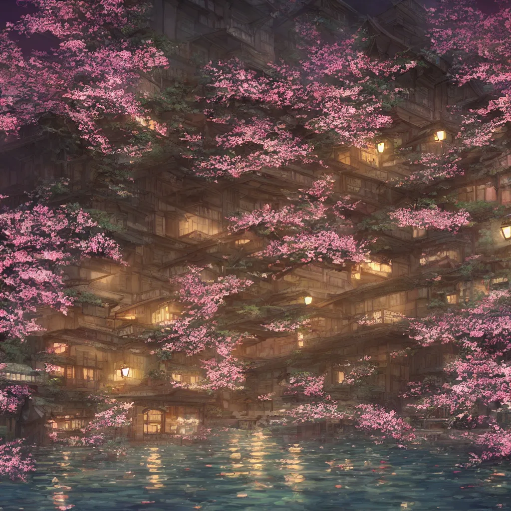 Image similar to Japanese bath house at night (Spirited Away), cherry blossom petals, highly detailed, 3D render, digital art, artstation, 8K photography, matte photo-realistic, vivid colors, moody cool temperature, by Hayao Ghibli Miyazaki!!!, breath of the wild style