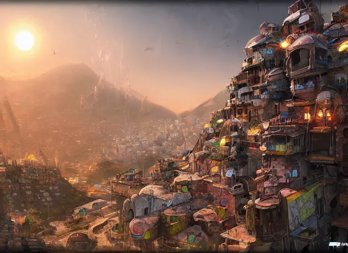 Image similar to favela fantasy cathedral, sci - fi environment, sorcery, scenery, professional, award - winning, trending on artstation, hyper detailed, realistic, beautiful, emotional, shiny, colorful, picture