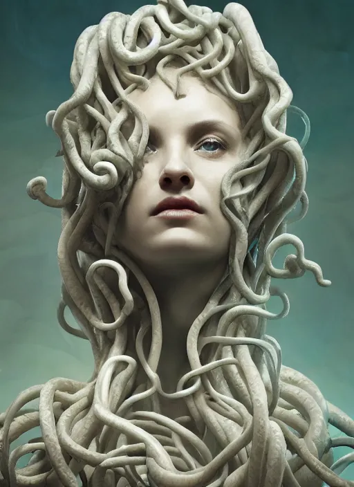 Prompt: medusa made of soft white wax, wooden art nouveau swirls, strong subsurface scattering, cables, tubes, subsurface scattering, in the style of ruan jia and beeple and giger, subsurface scattering, mystical colors, back light, rim light, dramatic lighting, 8 k, stunning scene, raytracing, octane render, trending on artstation