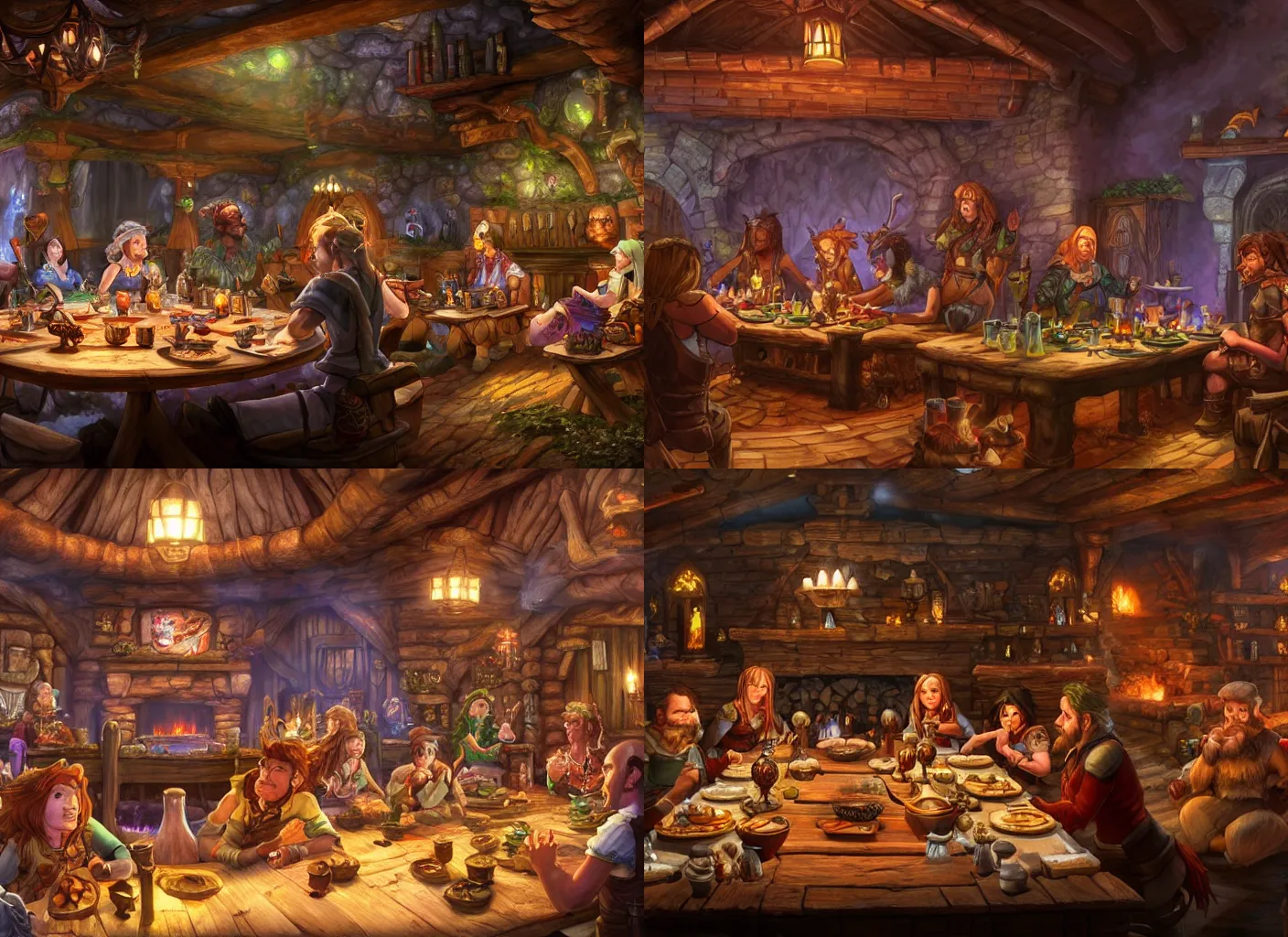 Prompt: an enchanted feywild tavern with people sitting at a long table, in front of a fireplace, dungeons and dragons, 4 k, highly detailed, vibrant colors, coherent, good proportions, muted lights