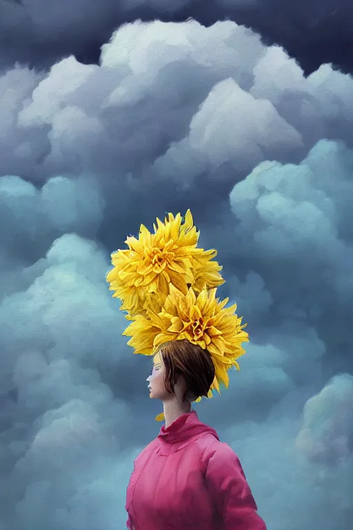 Image similar to closeup girl with huge yellow dahlia flower face, intricate, standing on mountain, surreal photography, blue storm clouds, dramatic light, impressionist painting, digital painting, artstation, simon stalenhag