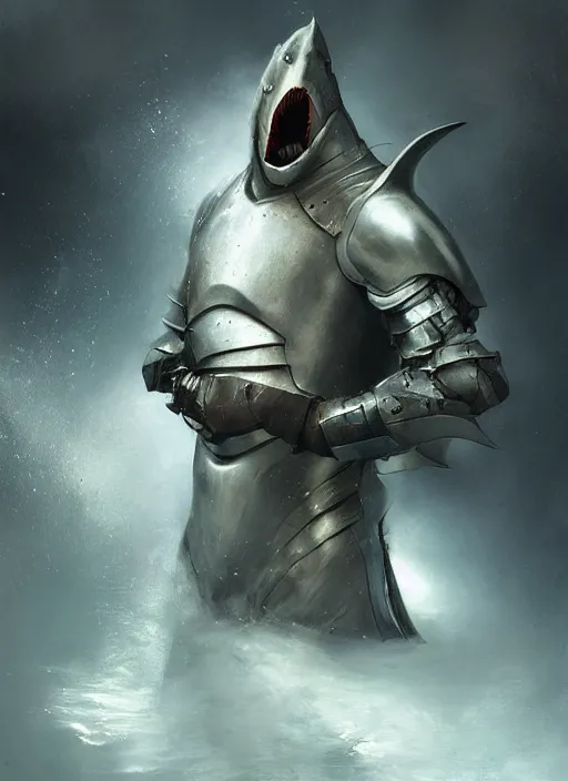 Prompt: digital painting of a human shark wearing knight armor, fantasy, portrait, scifi, realistic, detailed, concept art, ruan jia, wlop