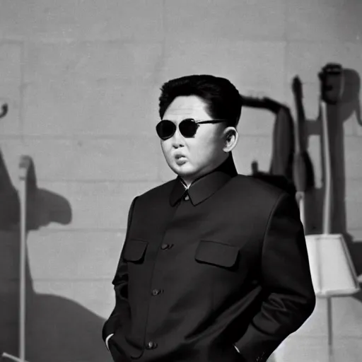 Image similar to Kim Jong-il in the role of James Bond, action filmstill, 1960s spy, Walther PPK