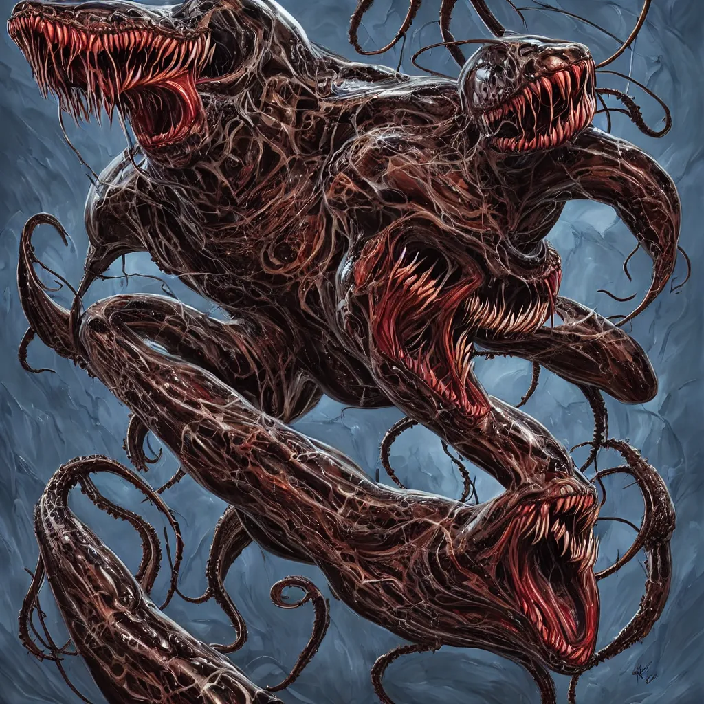 Image similar to anatomically acurate full body long shot venom from marvel comics!!!!, large mouth with teeth, lovecraftian horror!, surrealism, fantasy, intricate, elegant, highly detailed, digital painting, artstation, concept art, matte, sharp focus, illustration, art by keith thompson and christopher lane