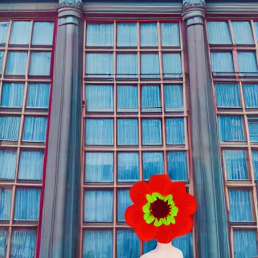 Image similar to giant flower head, girl standing by 1 9 6 0 window, surreal photography, symmetry, mid century, flat perspective, bright colours, blue sky, realistic, wes anderson