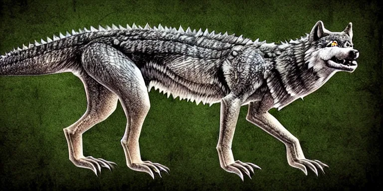 Image similar to chimera made of a wolf and a crocodile, photo of wolf, photo of crocodile, trending on deviantart, photo realism, realistic wood swamp, professional photoshop artwork utilizing photographs